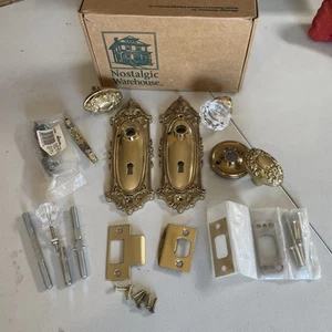 Nostalgic Warehouse Victorian Brass Plates (2) and Doorknobs - 1 Crystal 2 Brass - Picture 1 of 15