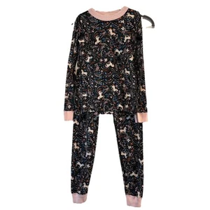 Hanna Andersson Girl’s Black Cotton Long John Pajama Set Floral Unicorn Size 10 - Picture 1 of 10