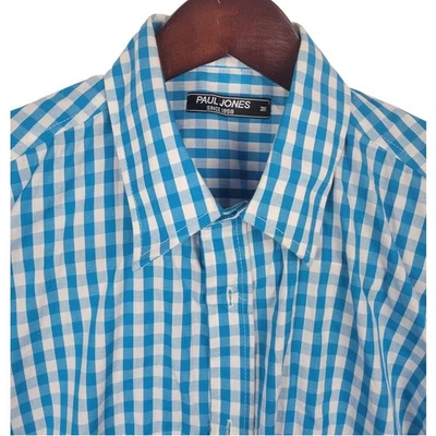 Camisa Paul Jones Para Hombres Mediana Abotonada Manga Larga Azul Cuadros Guinga Foto 1 de 4