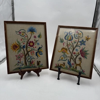 2 Embroidered Linen Crewel Jacobean Style Floral Deer Bunny Squirrel Framed MCM - Image 1 of 4