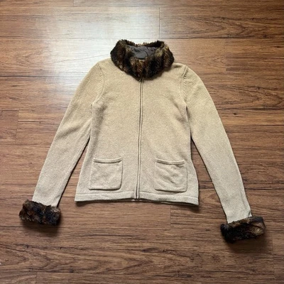 Jones New York Country Cardigan Small Cashmere Angora Sweater Faux Fur Collar - Image 1 of 4