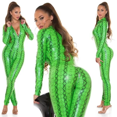 Koucla Catsuit Wetlook Lederlook Kunstleder Optik sexy Damen Overall Zips Grün S - Bild 1 von 4