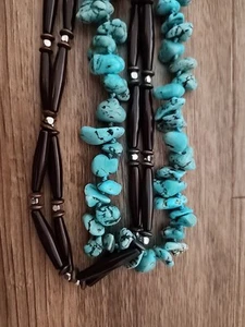 Vtg Turquoise Nuggets Brown Oblong Beads Silver Spacers Necklace Jewelry 9” Drop - Picture 1 of 8