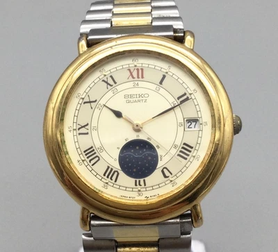 Vintage Seiko Moonphase Watch 34mm Two Tone Roman Date GF22-6050 New Battery - image 1 of 4