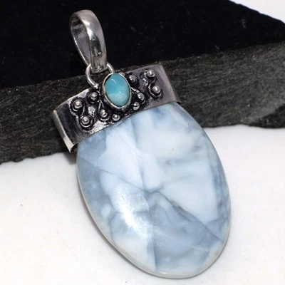 925 镀银帽声明 Owhyee 蓝色蛋白石 Larimar 吊坠 2 英寸 MJ — 第 1/3 张图片