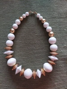 Vintage 1970s Carol Dauplaise White and Gold Necklace Plastic Beads 16.5 inches - Picture 1 of 4