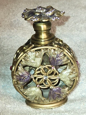 Vintage Brass Filigree Flowers Bejeweled 4" Perfume Bottle - Image 1 of 4