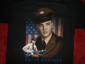 USA vtg 2002 Elvis Presley Young ARMY photos on Black T-Shirt AAA sz L 42"chest - Picture 1 of 3