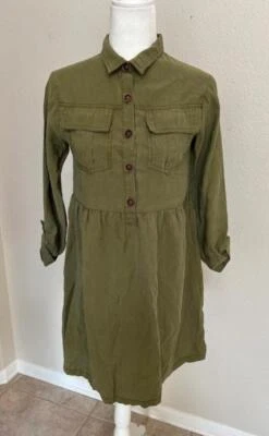 ZARA kids girls 13 14 military olive green roll tab sleeve collared dress soft - Image 1 of 3
