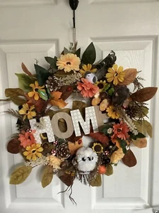 Wicker wreath including flowers acorns cones ,birds Featuring A Wooden Home Sign - Picture 1 of 7