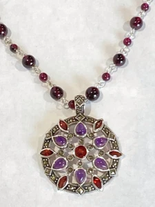 Vintage Sterling Amethyst Garnet Marcasite Necklace & Mandala Enhancer Pendant - Bild 1 von 5