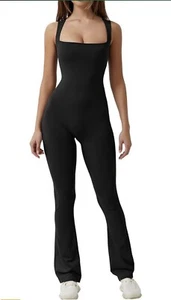 QINSEN Women's Black Sleeveless Square Neck Stretch Flared Bodysuit Sz M - Picture 1 of 8