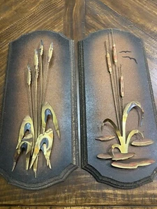 Vintage 1970s Brass & Wood Plaque Pair Hanging Wall Art Cattails Cat Tails Decor - Picture 1 of 4