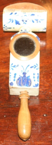 ANTIQUE HAND PAINTED GEORGIAN WOOD CLAMP, pin cushion & THREADER w/ MIRROR Cover