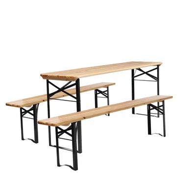 3 PCS Camping Wood Picnic Table Beer Bench Dining Set Folding Wooden Top Patio - Image 1 of 4