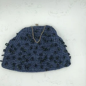 50er Jahre Vintage blaue Perlen Abend Clutch Handtasche mit Kussverschluss & Tragekette - Bild 1 von 4