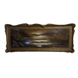 VTG Framed w Glass Art Work ~ Dusk Seascape 7” X 17” - Picture 1 of 6
