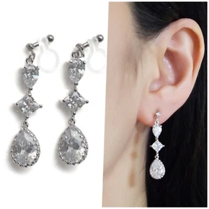 Dangle Silver Teardrop Cubic Zirconia CZ Crystal Invisible Clip On Earrings - Picture 1 of 9