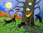 Original Halloween Painting Ryta Black Cat Ooak Hand Painted Folk Art Salem Tree