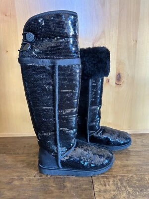 UGG SOBRE LA RODILLA BAILEY BOTÓN BRILLO 7 NEGRO HOLOGRAMA PIEL ALTO RARO GUC Foto 1 de 4