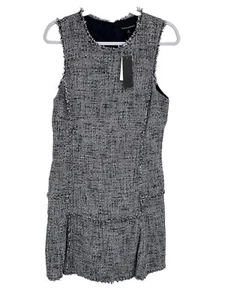 BANANA REPUBLIC Black Blue Tweed Shift Dress Size 12 Fringe Hem Print Tweed - Picture 1 of 10