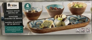 NEW!! Mesa Inspired Living Mango Wood Printed Bowls & Tray 4-Piece Serving Set - Picture 1 of 3