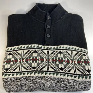 Chaps Aztec Quarter Button Mock Neck Pullover Sweater Mens XL Black white Green - Picture 1 of 16