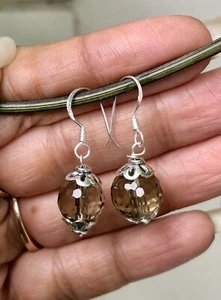 925 Sterling Silver + 10 mm Rnd Beads Original Smoky Topaz Quartz Earrings 1 - Picture 1 of 4