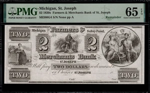 1830er 2 $ veraltet St. Joseph, Michigan - Farmers & Merchants Bank - PMG 65 EPQ - Bild 1 von 2
