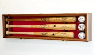 3 Baseball Bat Display Case Walnut & Red Wall Horizontal Wood Frame Cabinet Rack - Picture 1 of 11