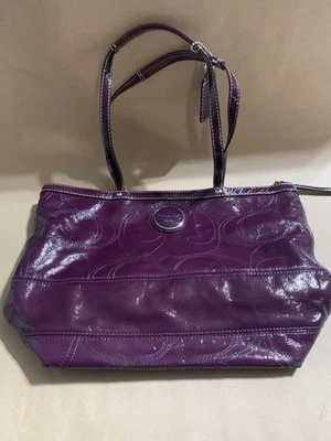 Coach Handbag Stitched C Signature Purple Patent Leather Tote Shoulder Bag Purse - Image 1 of 4