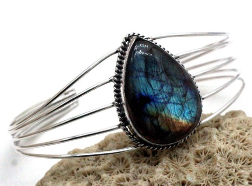 VALENTINO 925 Sterling Silver Fire Labradorite Gemstone Jewelry Cuff Bracelet Size Adj