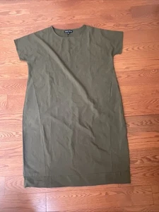 Maxi Vestido Eileen Fisher XL Manga Corta Camiseta Midi Tejido Lino Oliva - Imagen 1 de 6