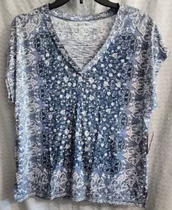 Lucky Brand Blue Floral Blouse Women's Size Small Short Sleeve Shirt Boho Top - Picture 1 of 3