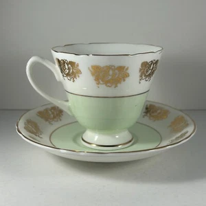 Taza y platillo Crownford Bone China verde menta recortados en oro rosa - Imagen 1 de 13