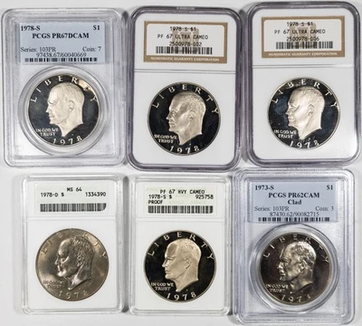 Lot of 6 Graded Eisenhower Dollars 1978 & 1973 PCGS, NGC, ANACS, GEM PROOF + UNC - Image 1 of 4