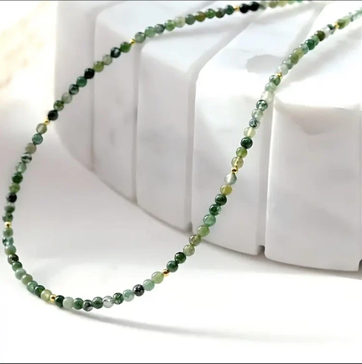 ✅ Moosachat Edelstein Halskette Grün Gold Natürliche Stein Perlen Kette Damen ✅ - Bild 1 von 4