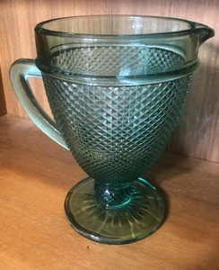 Retro Vintage Teal Blue Diamond Pressed Glass Water Pitcher Footed 8” High - Picture 1 of 15
