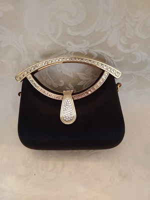 Vintage Inspired Small Black Satin Hard Body w/Rhinestones Evening Tote Purse - Image 1 of 4
