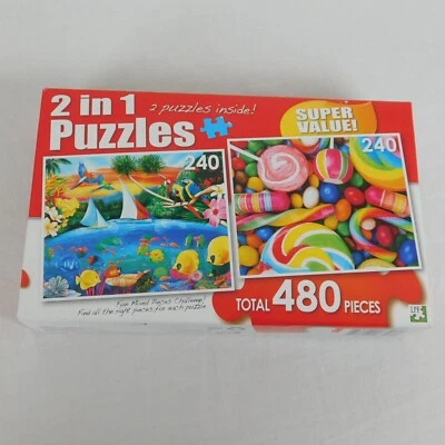 Puzzles Jigsaw Mixed Piece Challenge Lagoon & Candy 480 Pieces 2-in-1 Sealed New - Image 1 of 4