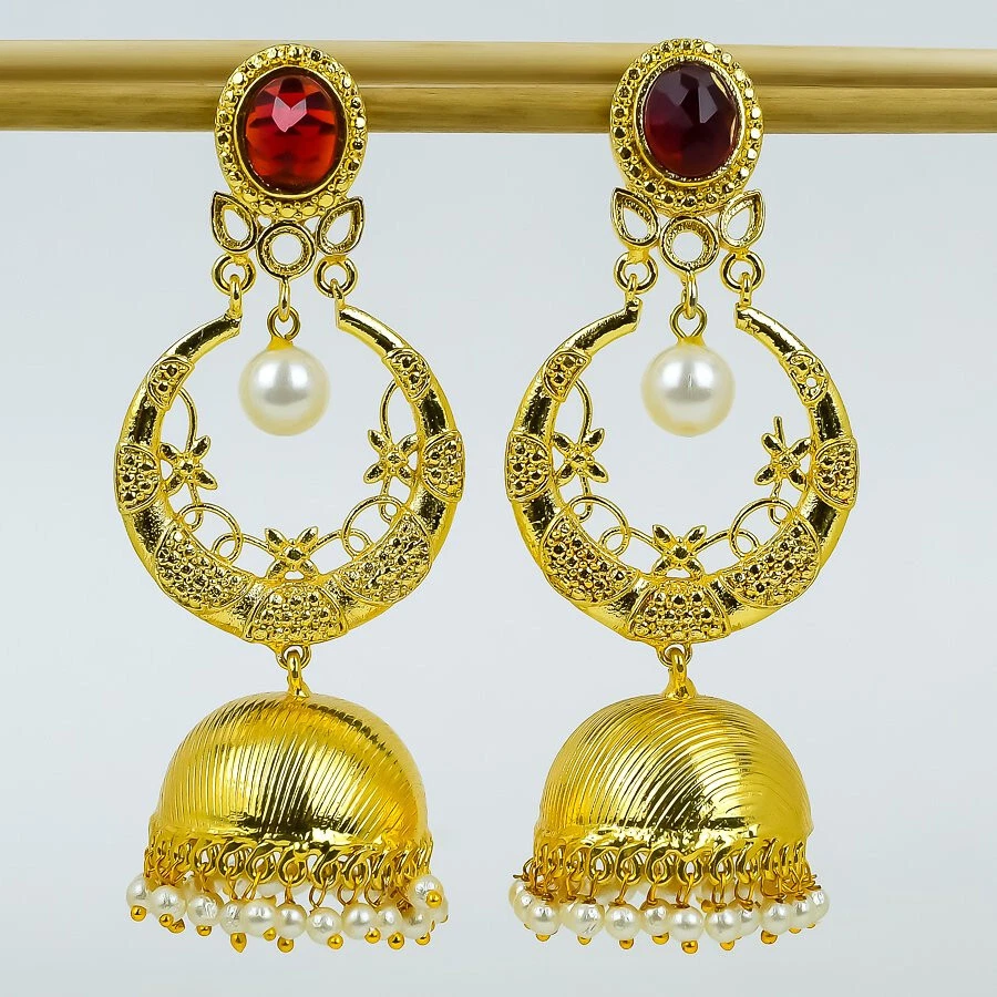 Brincos de lustre folheados a ouro com pedra preciosa granada joias de grife 2,5" - Imagem 1 de 1