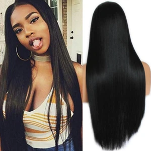 Heat Resistant Synthetic Lace Frontal Wigs Black Color Long Silky Straight Hair - Picture 1 of 11