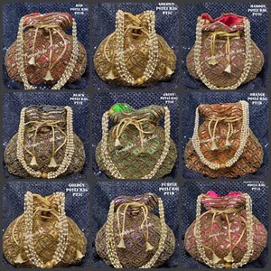 Assorted Gold Potli Bag Batuwa Bridal Clutch Indian Wedding Dolly Bag Silk Purse - Picture 1 of 34