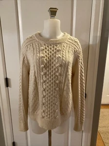 J Crew Cable Knit Fisherman Sweater Womens Ivory Wool Blend Crewneck Neck Size M - Picture 1 of 15