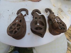 3 Antique Primitive Cast Iron BARN PULLEY PULLEYS 11" heavy cast metal as found