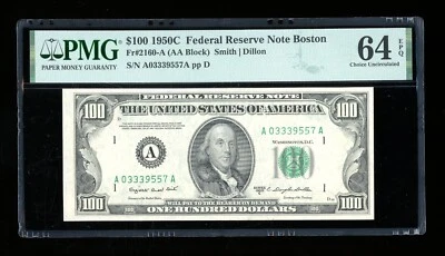 DBR 1950-C $100 FRN Boston Fr. 2160-A PMG 64 EPQ Serial A03339557A - Image 1 of 2