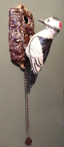 Woodpecker mechanical door knocker ~ hand painted cast iron with chain pull NEW Cover