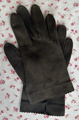 Guantes de vestir festoneados marrón oscuro vintage de los años 50 para niñas pequeñas iglesia escuela Foto 1 de 4