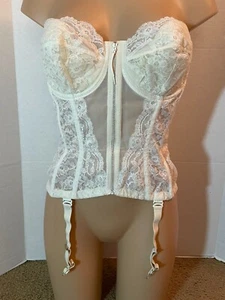 Vtg 36C CORSET Merry Widow Bra Top CHIFFON FLORAL LACE Bali Bow Bridal GARTERS - Picture 1 of 15