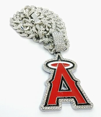 LOS ANGELES ANGELS GEM NECKLACE Silver Bling Baseball Hip Hop Pendant 20" Chain - Image 1 of 4